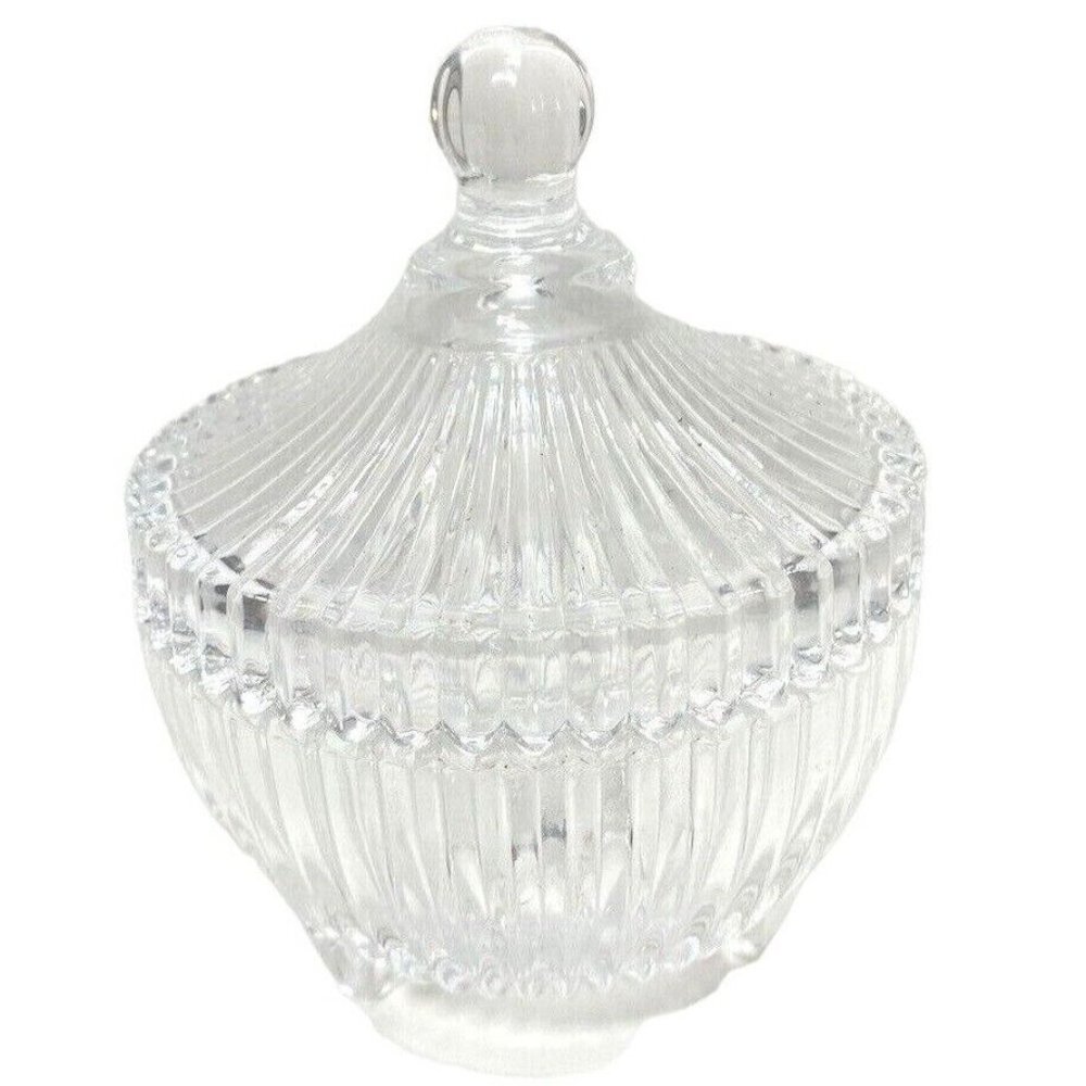 Beautiful Glass Candy Dish with Lid, Jar Trinket Box/Clear Sugar Bowl Brand New!